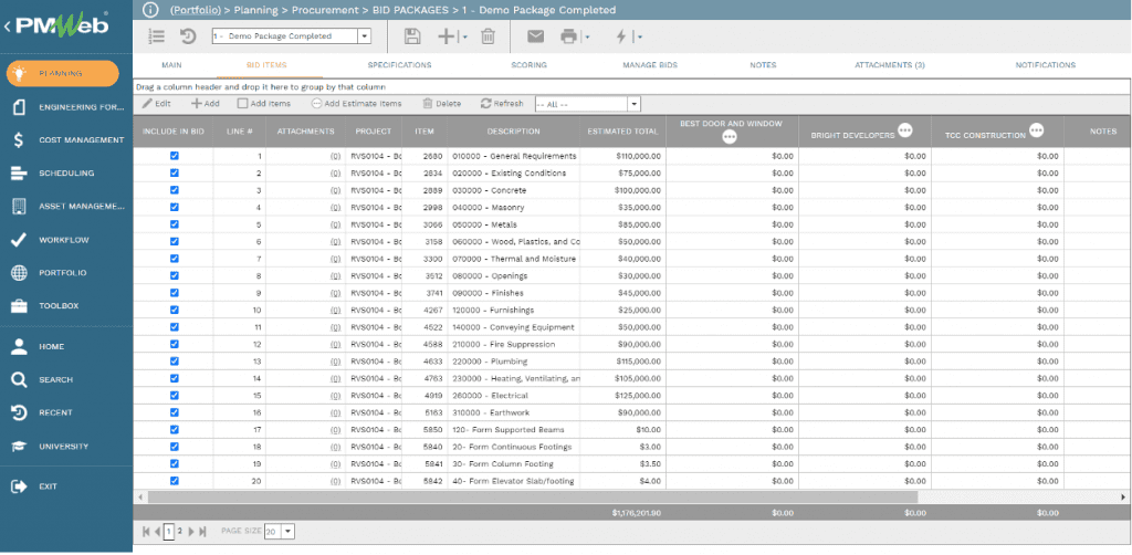 PMWeb 7 Planning Procurement Bid Packages