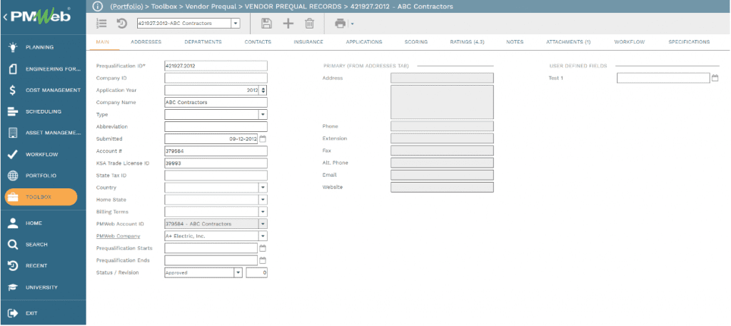 PMWeb 7 Toolbox Vendor Prequal Vendor Prequal Records
