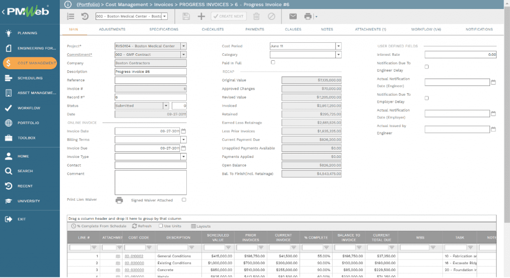 PMWeb 7 Cost Managment Invoices Progress Invoices