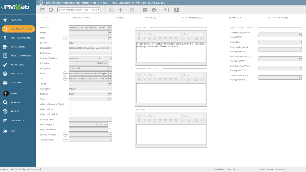 PMWeb 7 engineering Forms RFIs