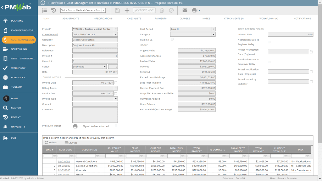 PMWeb 7 Cost Managment Invoices
Processes Invoices