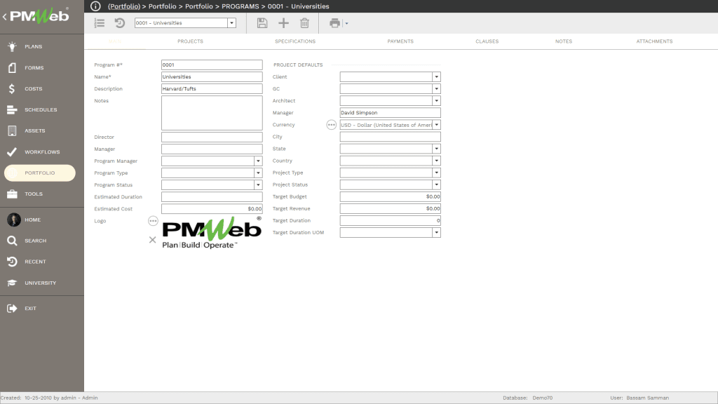 PMWeb 7 Portfolio Programs Universities