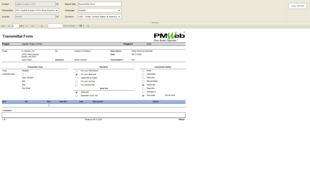 PMWeb 7 Transmittal Form