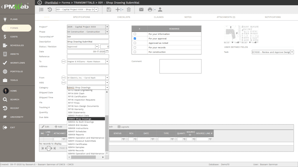 PMWeb 7 Forms Transmittals Shop Drawing Submittal