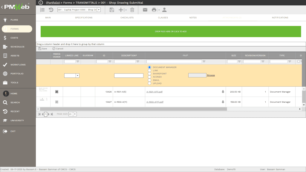PMWeb 7 Forms Transmittals Shop Drawing Submittal