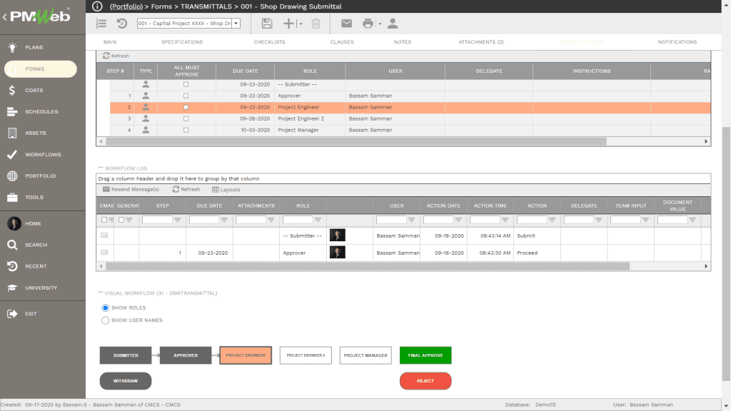 PMWeb 7 Forms Transmittals Shop Drawing Submittal