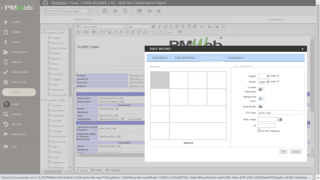 PMWeb 7 Tools Form Builder Table Wizard