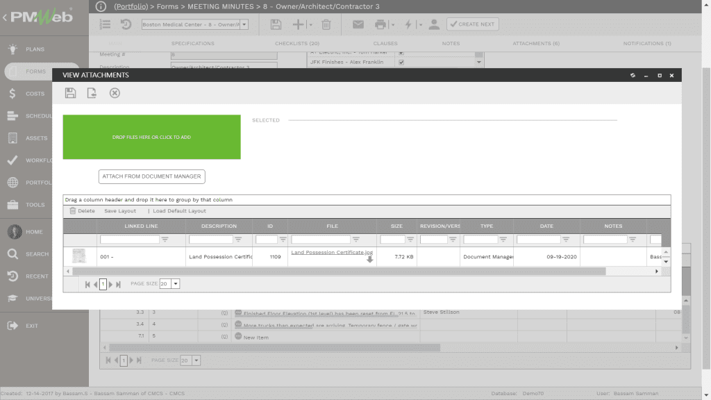 PMWeb 7 Forms Meeting Minutes view Attachments