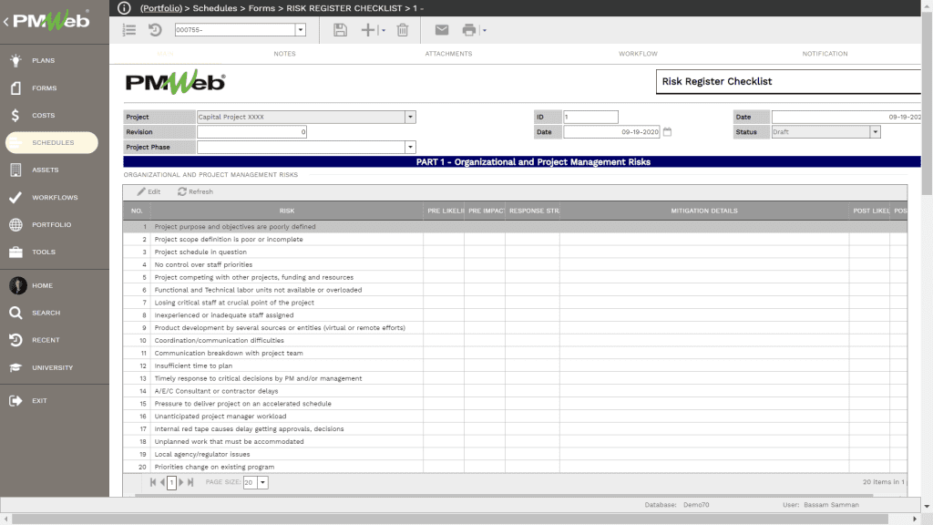 PMWeb 7 Schedules Forms Risk Register Checklist