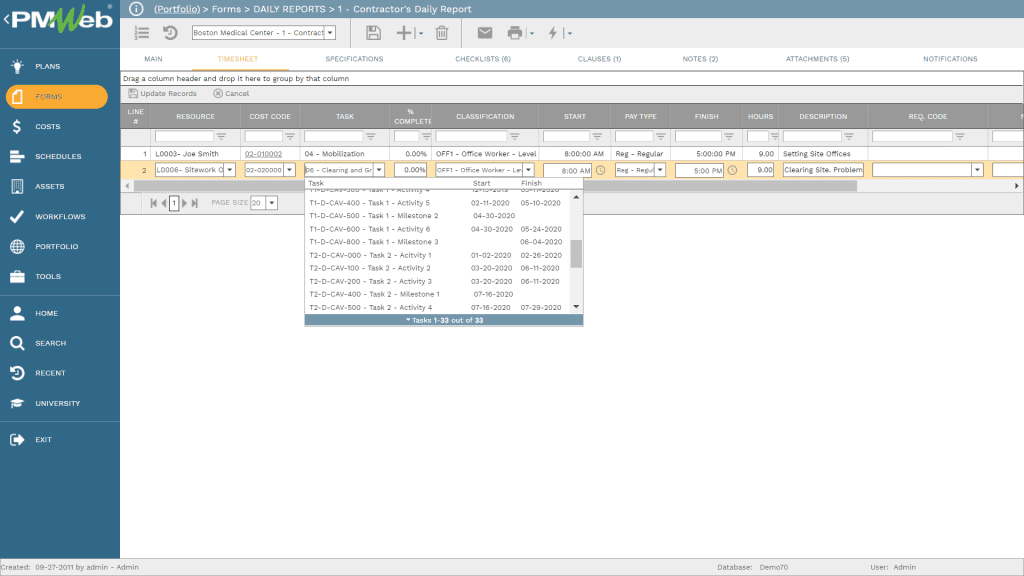 PMWeb 7 Forms Daily Reports