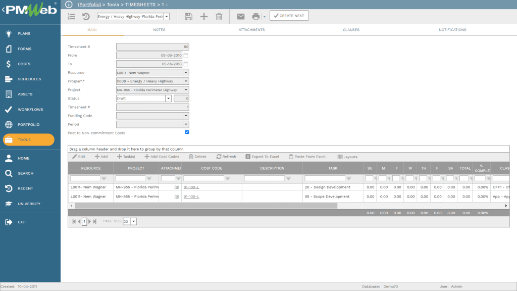 PMWeb 7 Tools Timesheets