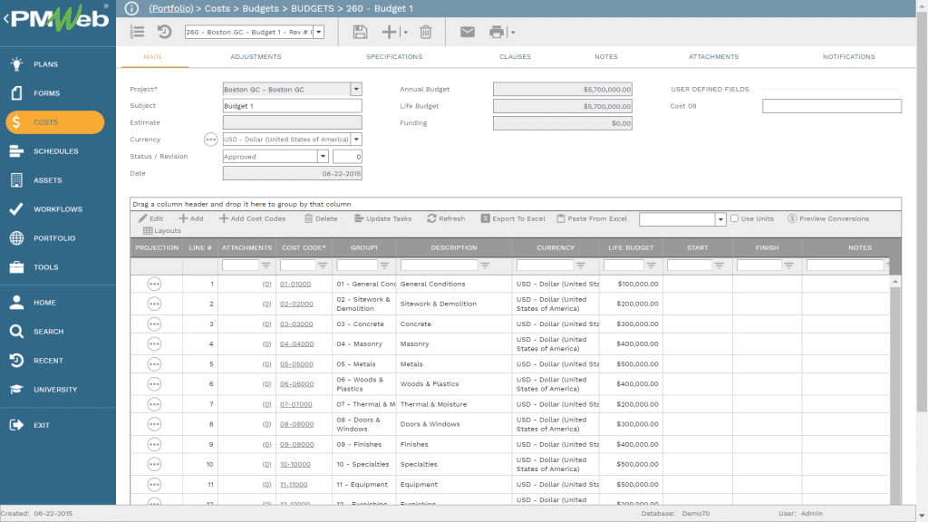 PMWeb 7 Costs Budgets