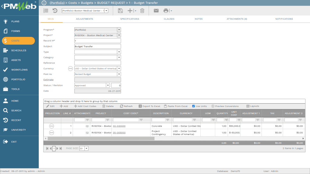 PMWeb 7 Costs Budgets Budget Request
