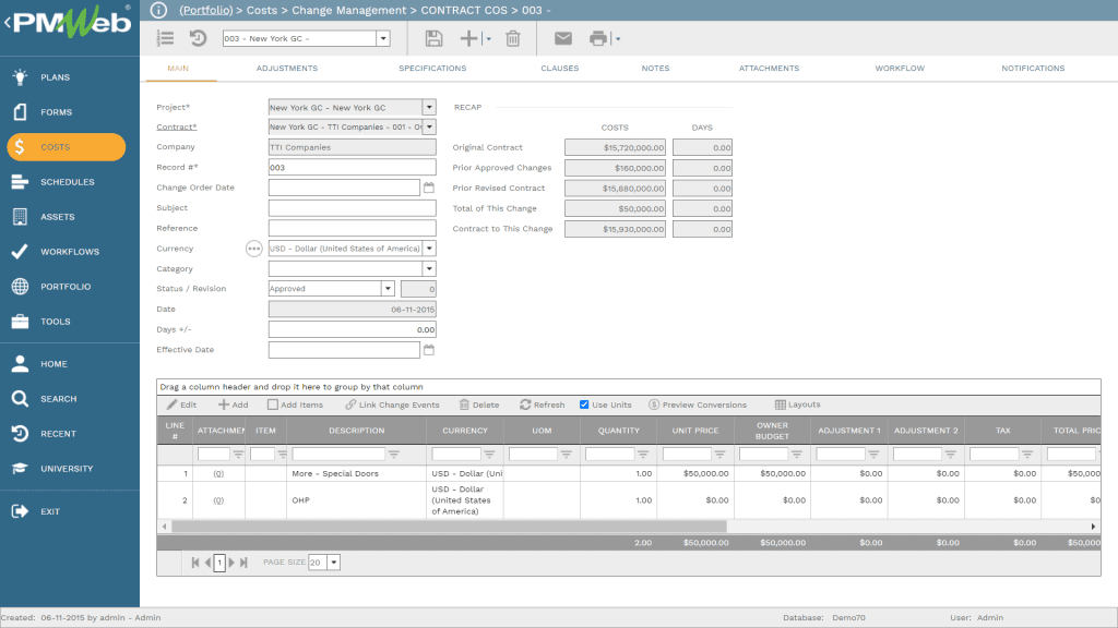 PMWeb 7 Costs Change Management Contract Cos