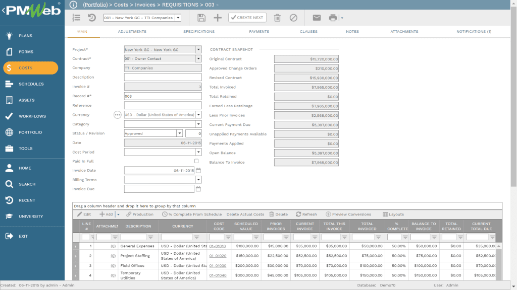 PMWeb 7 Costs Invoices Requisitions
