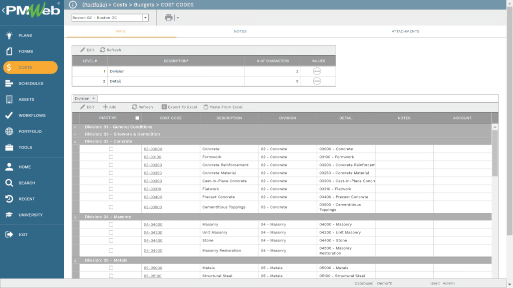 PMWeb 7 Costs Budgets Cost Codes