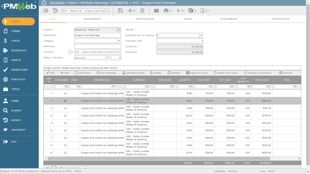 PMWeb 7 Plans Portfolio Planning Estimates