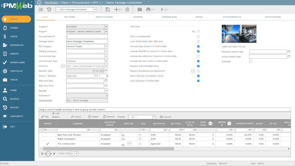PMWeb 7 Plans Procurements RFP Demo Package Completed