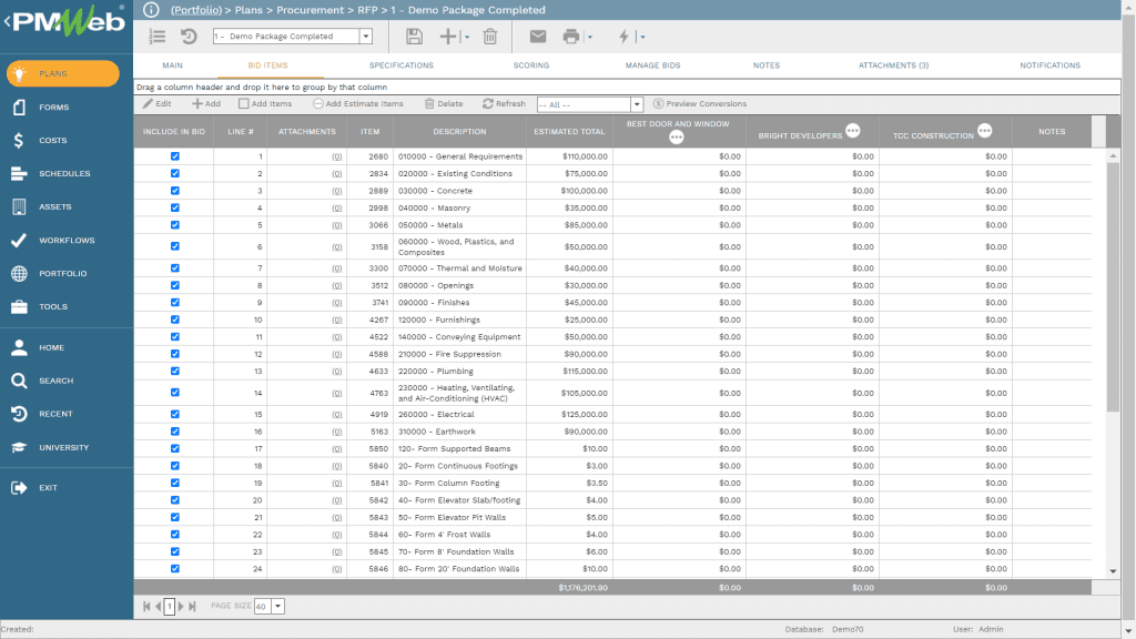 PMWeb 7 Plans Procurements RFP Demo Package Completed