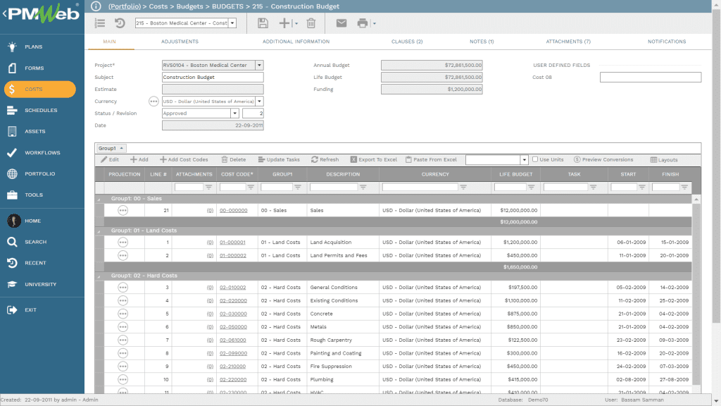PMWeb 7 Costs Budgets Construction Budget
