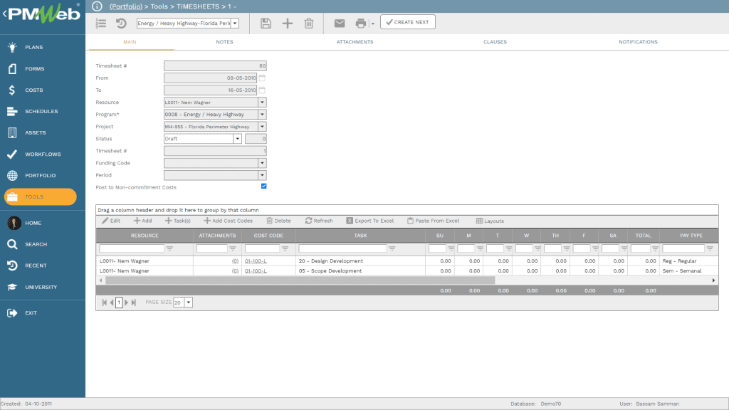PMWeb 7 Tools Timesheets
