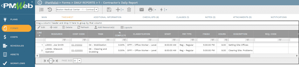 PMWeb 7 Forms Daily Reports