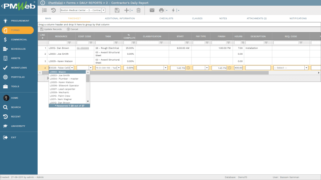PMWeb 7 Forms Daily Reports