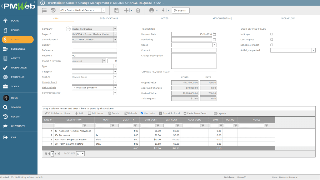 PMWeb 7 Cost Change Managment Online Change Request