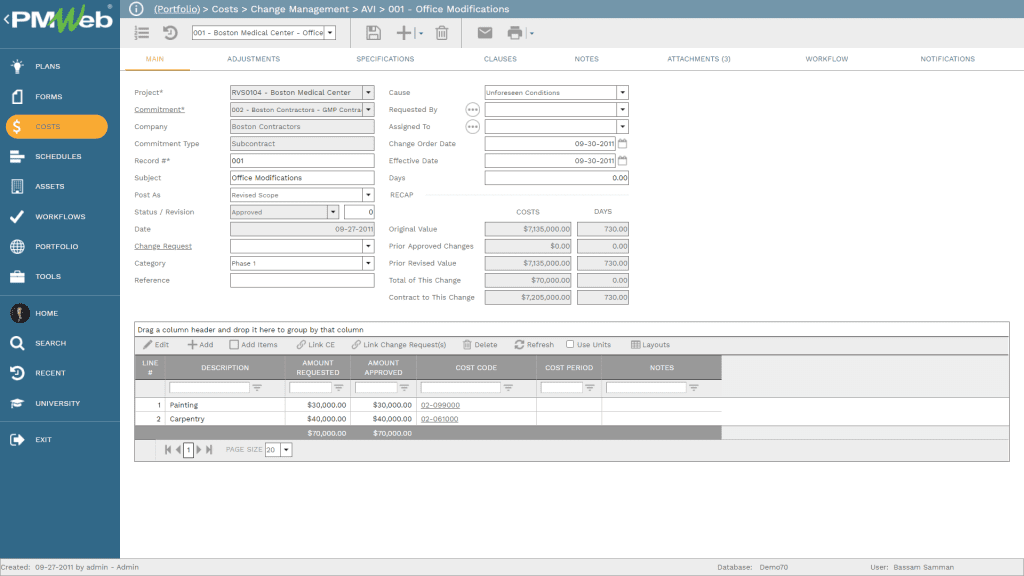 PMWeb 7 Cost Change Managment Office Modification