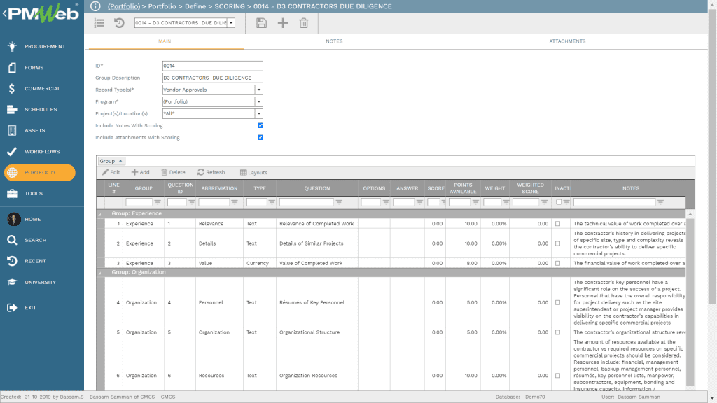 PMWeb 7 Portfolio Define Scoring