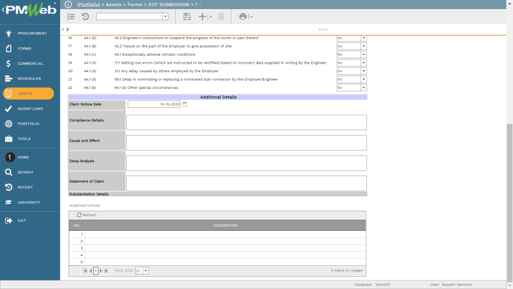 PMWeb 7 Assets Forms EOT Submission