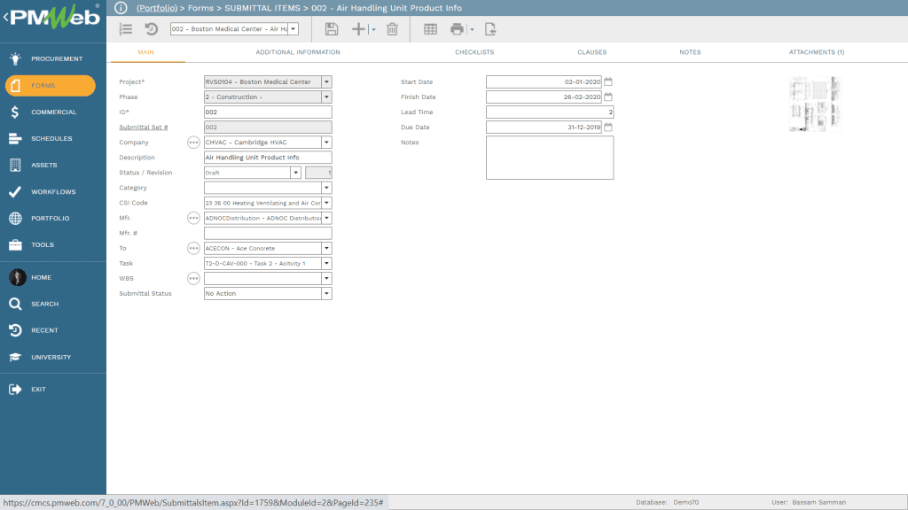 PMWeb 7 Forms Submittals Items