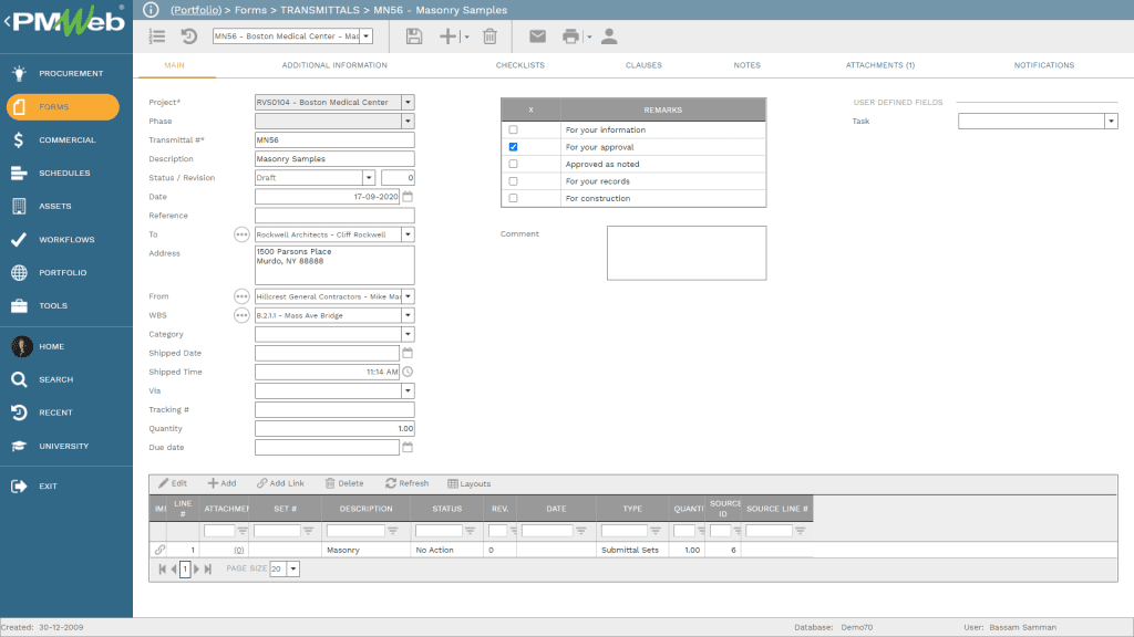 PMWeb 7 Forms Transmittals