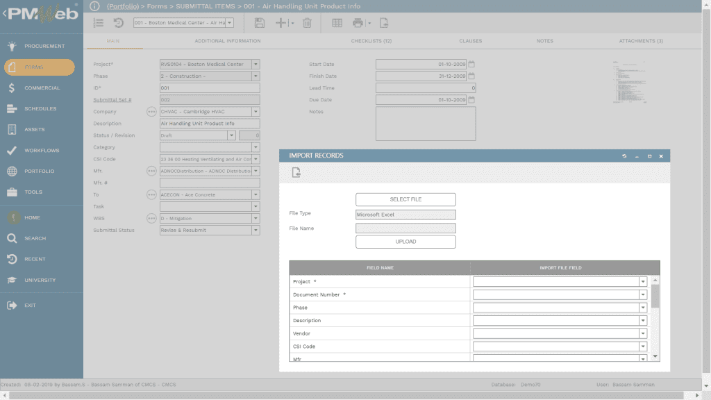 PMWeb 7 Forms Submittal Items