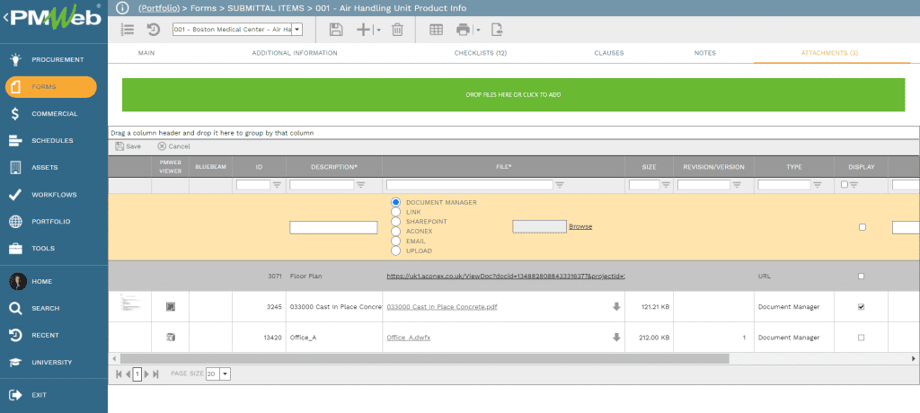 PMWeb 7 Forms Submittal Items