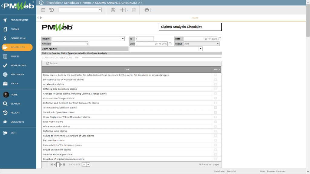 PMWeb 7 Schedules Forms Claims Analysis Smart Checklist