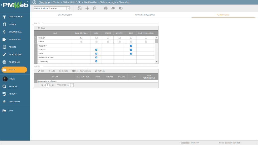 PMWeb 7 Tools Form Builder Claims Analysis Checklist
