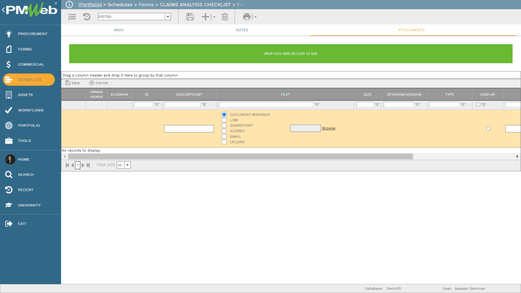 PMWeb 7 Schedules Forms Claims Analysis Checklist