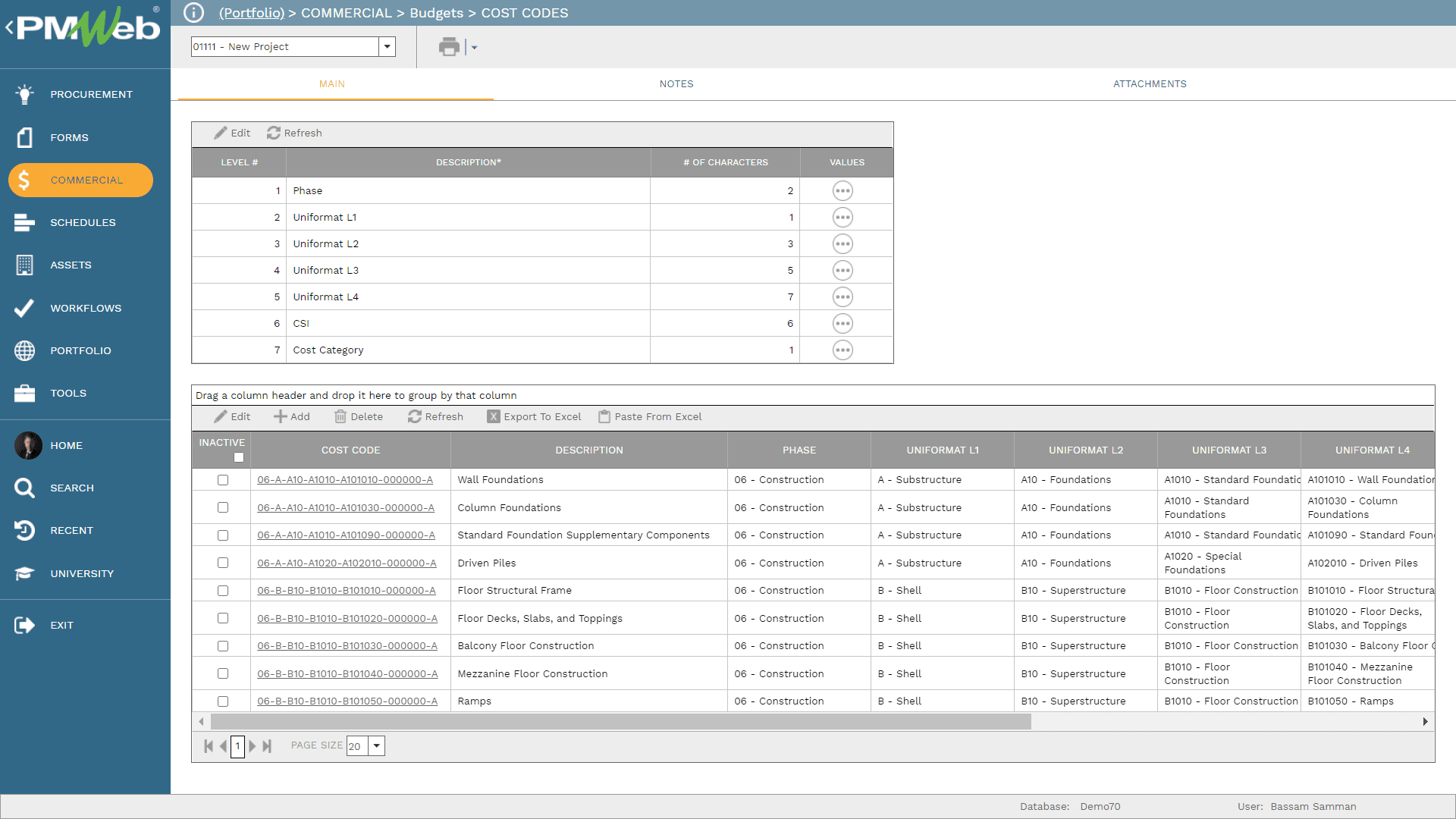PMWeb 7 Commercial Budgets Cost Codes