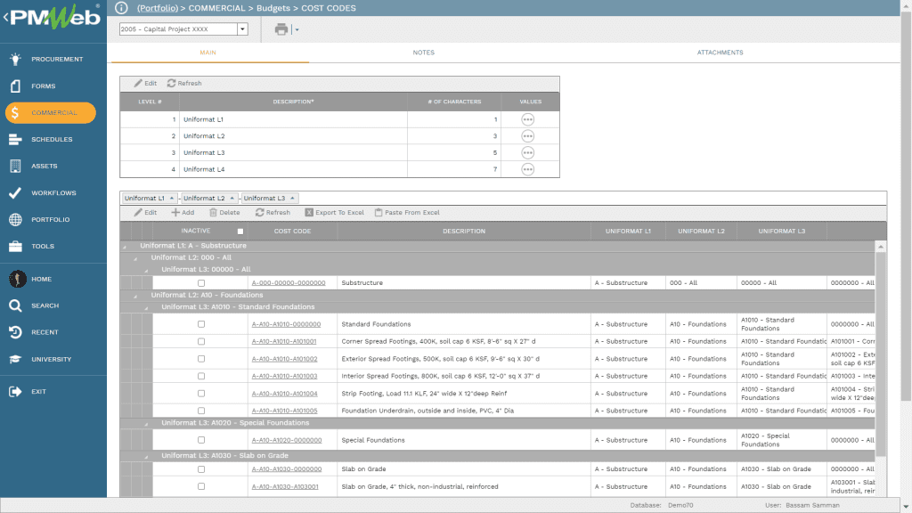 PMWeb 7 Commercial Budgets Cost Codes to eliminate Unbalanced Bids