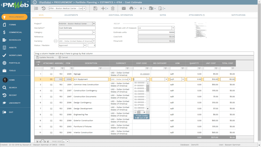 PMWeb 7 Procurement Portfolio Planning Estimates