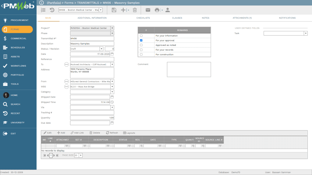 PMWeb 7 Forms Transmittals