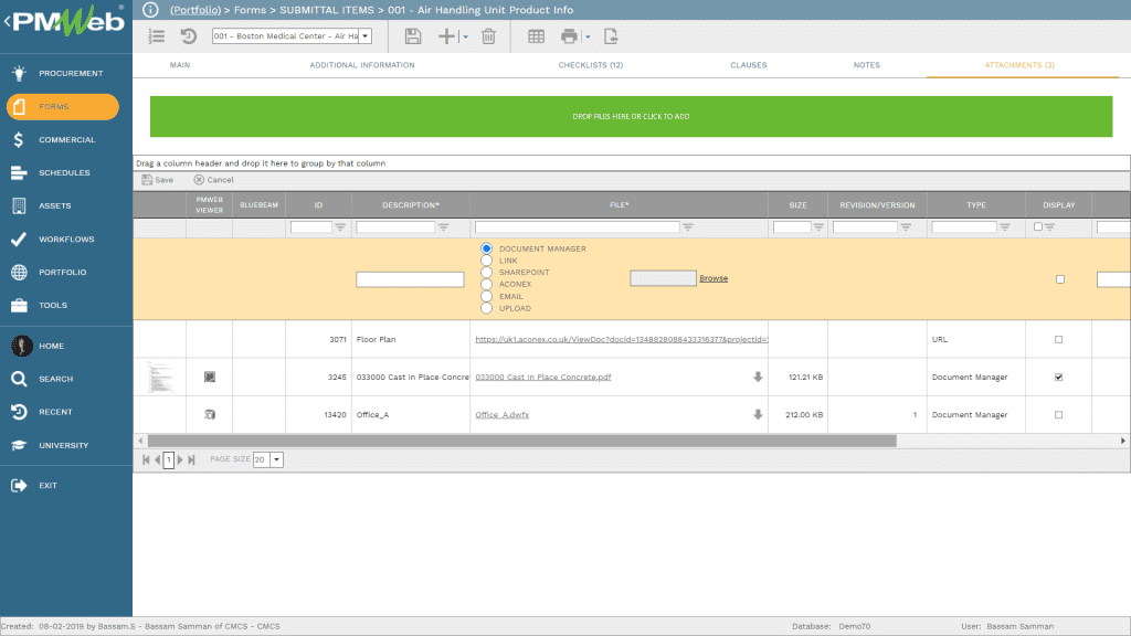 PMWeb 7 Forms Submittal Items