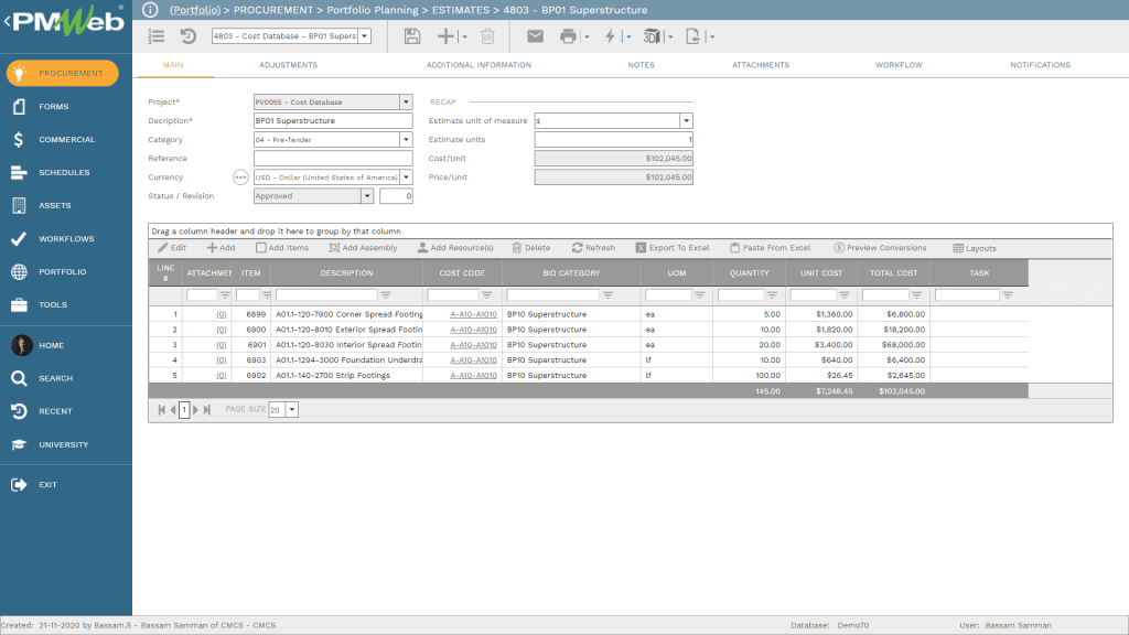 PMWeb 7 Procurement Portfolio Planning Estimates