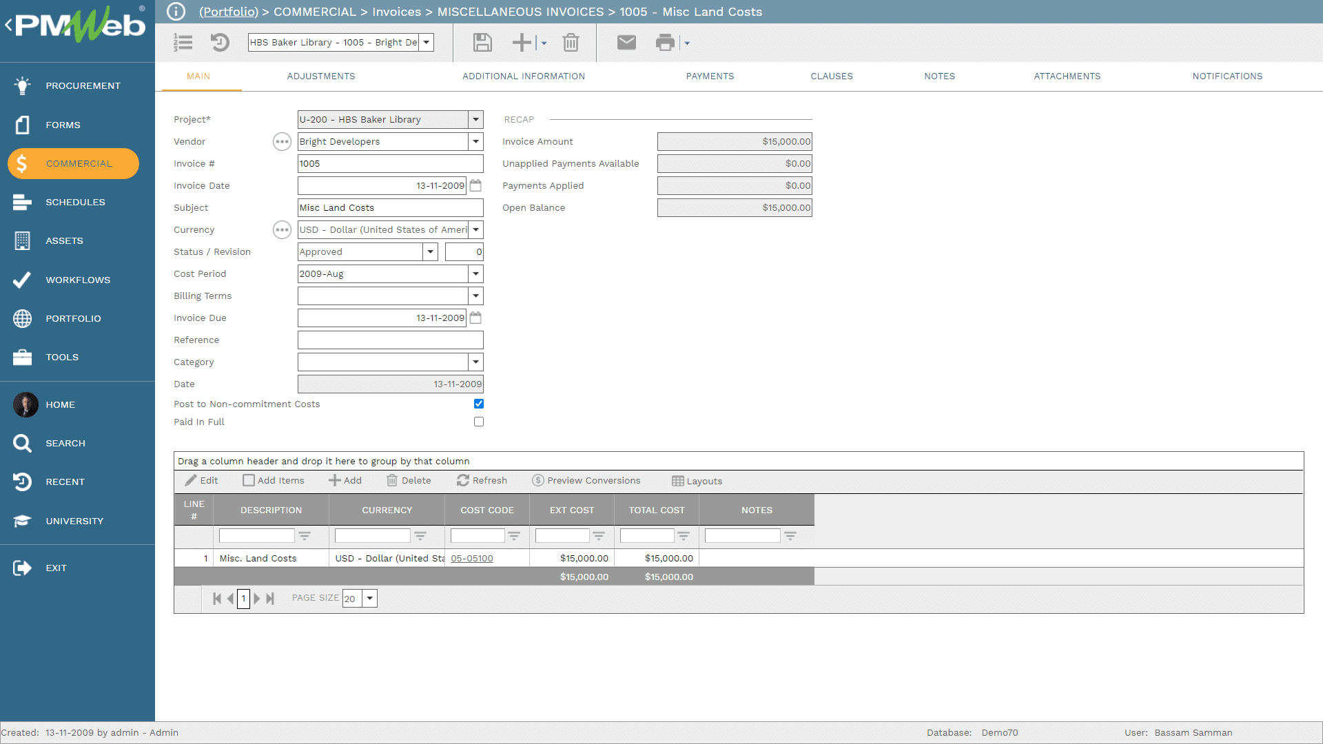 PMWeb Commercial Miscellaneous Invoices