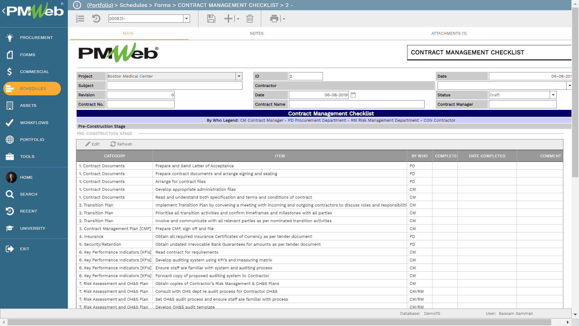 PMWeb Schedules forms Contract Managment Checklist