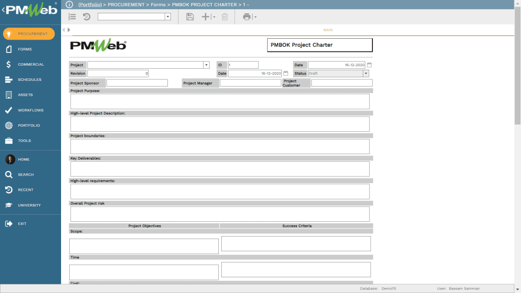 PMWeb 7 Procurement Forms PMBOK Project Charter