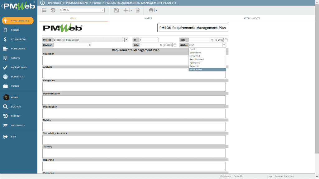 PMWeb PMBOK Requirements Management Plan with Version History