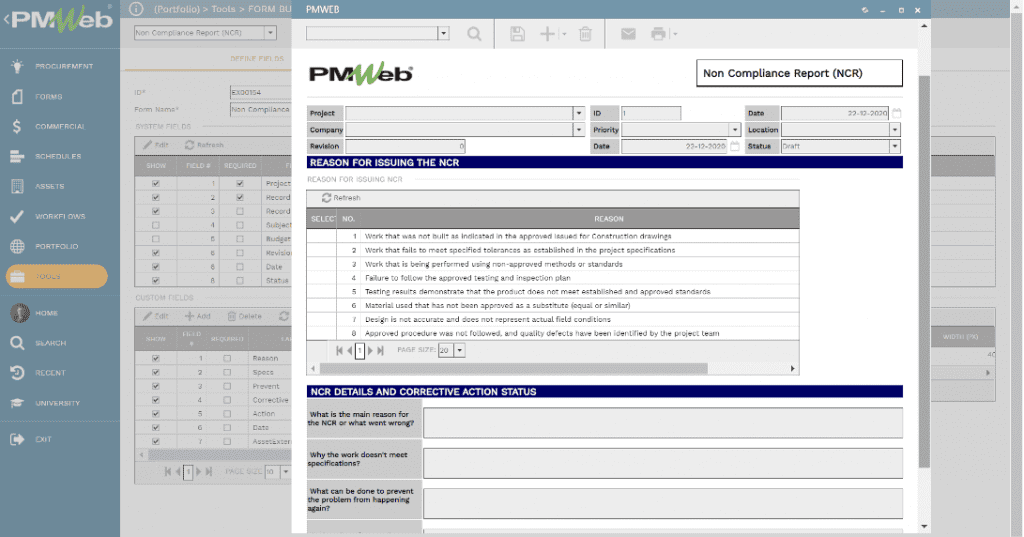 PMWeb 7 Tools Form Builder Non Compliance Report (NCR) Good Governance