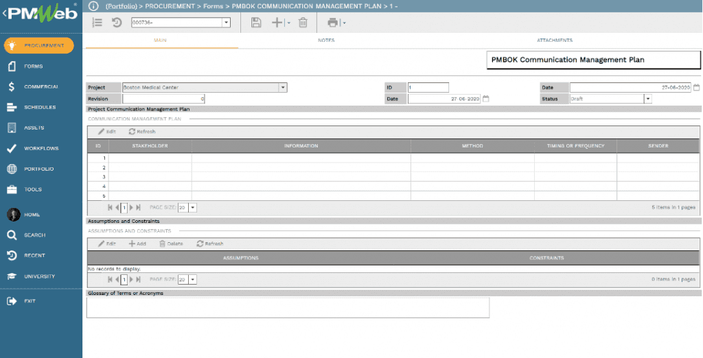 PMWeb 7 Procurement Forms PMBOK Communication Managment